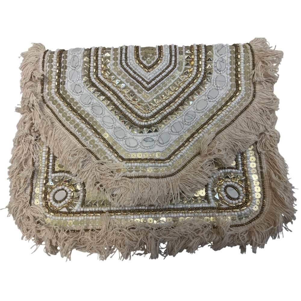 Beaded Fringe Envelope Clutch Bag Cream Gold Sequin Boho Festival Western Glam